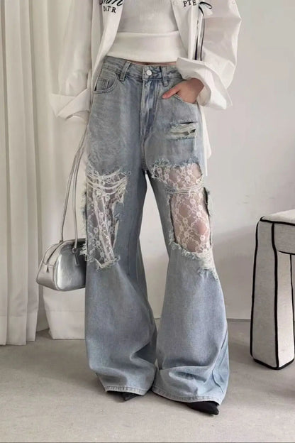 Lace Patchwork Ripped Loose Jeans