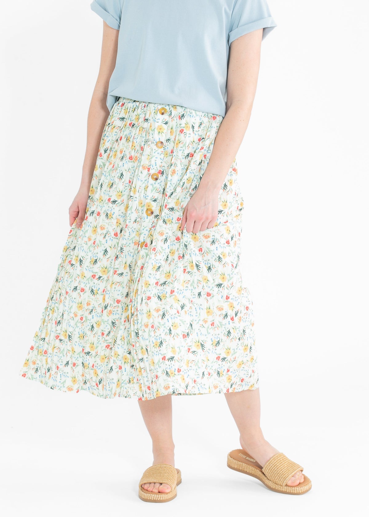 Floral Print Pleated Button Front Midi Skirt - FINAL SALE