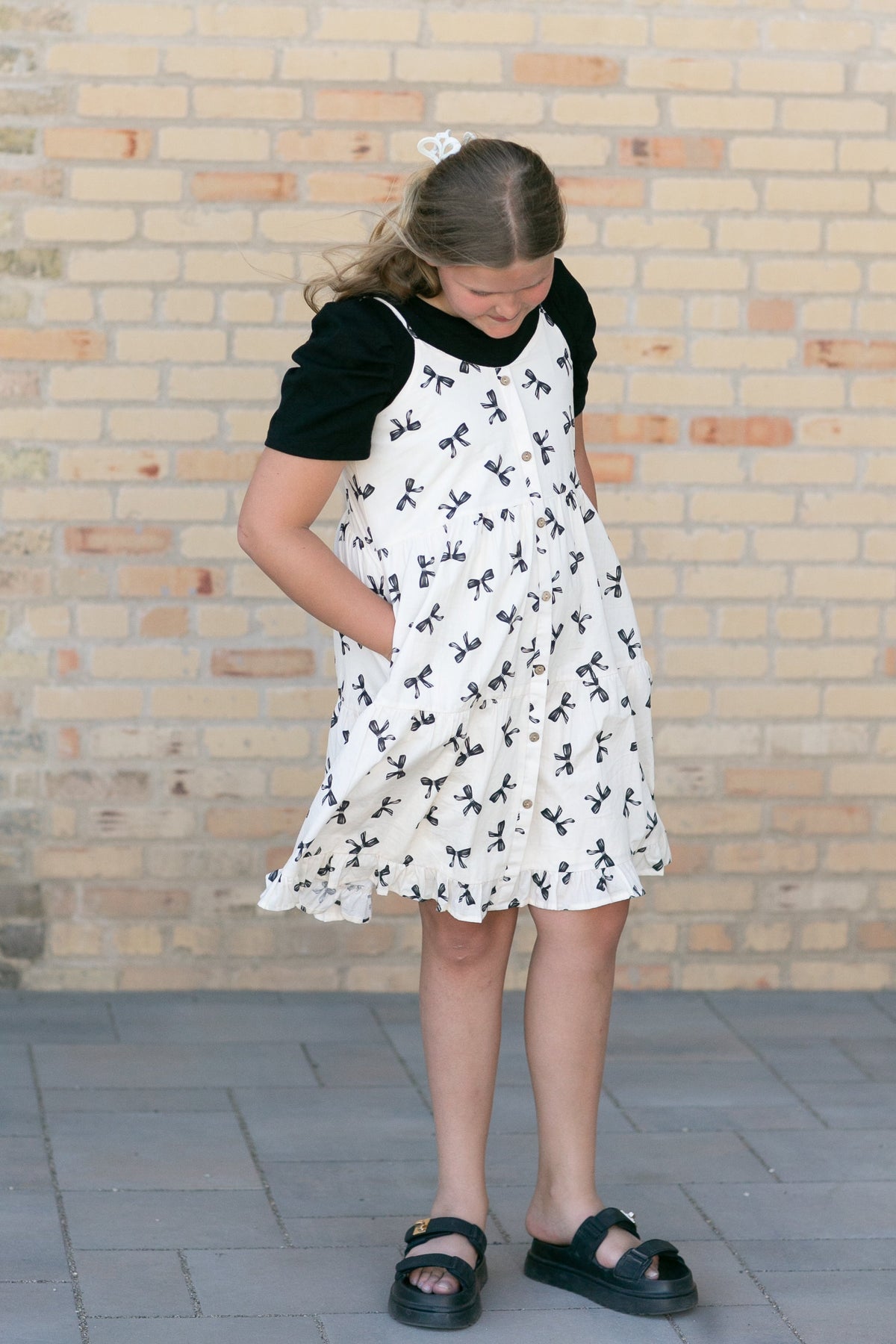 Girls Bow Print Button Detail Tiered Tank Dress - FINAL SALE