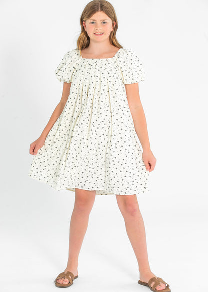 Girl's Ditsy Bow Print Box Pleated Puff Sleeve Dress