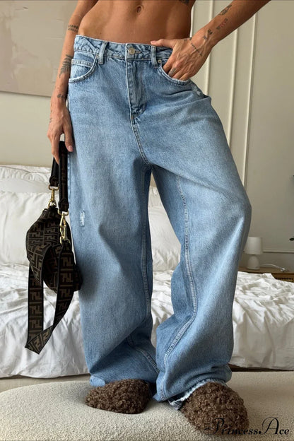 Heart Distressed Low Waist Wide Leg Straight Jeans