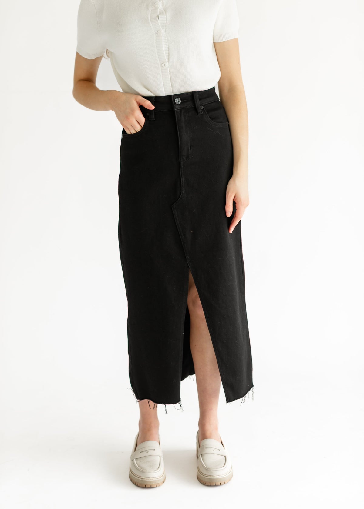 High Rise Midi Black Denim Skirt - FINAL SALE