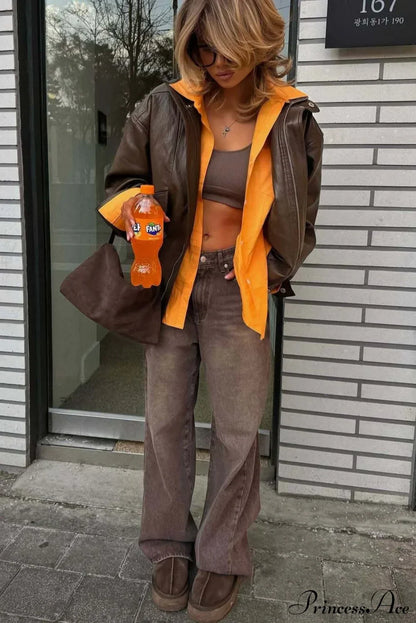 High Waisted Brown Straight Leg Jeans