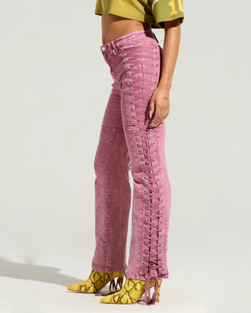High-Waisted Tie-Strap Jeans