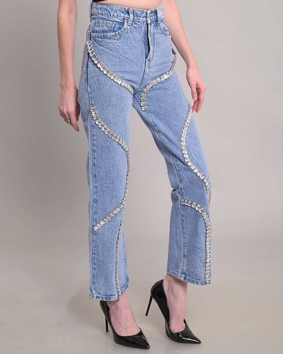High-Waisted Rhinestone Paneled Straight-Leg Casual Jeans