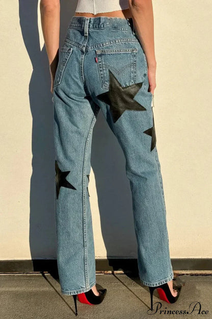 Leather Star Patchwork Straight Leg Jeans