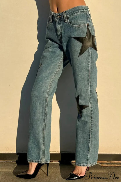 Leather Star Patchwork Straight Leg Jeans