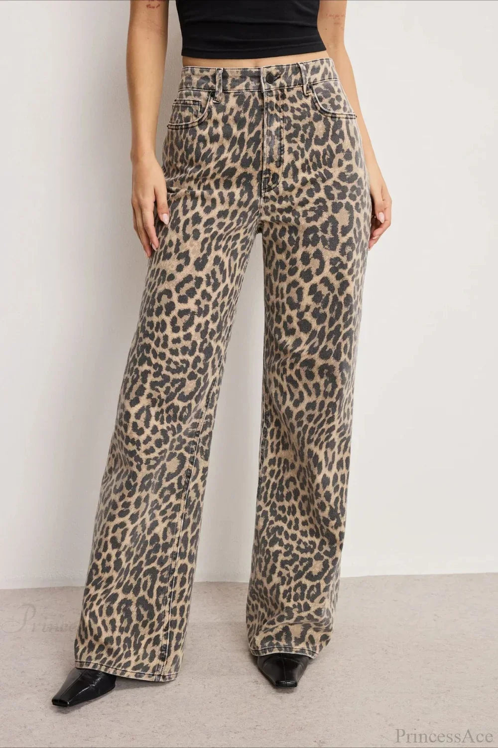 Leopard Print High Waist Straight Leg Denim Jeans