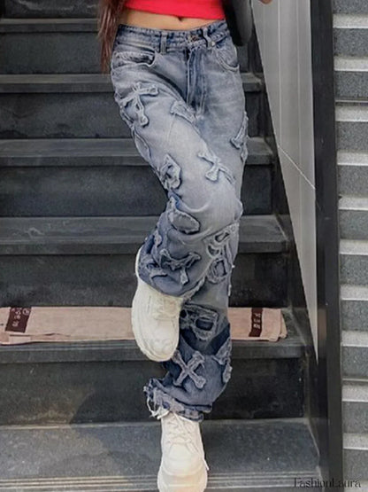 Letter Patch Faded Boyfriend Jeans