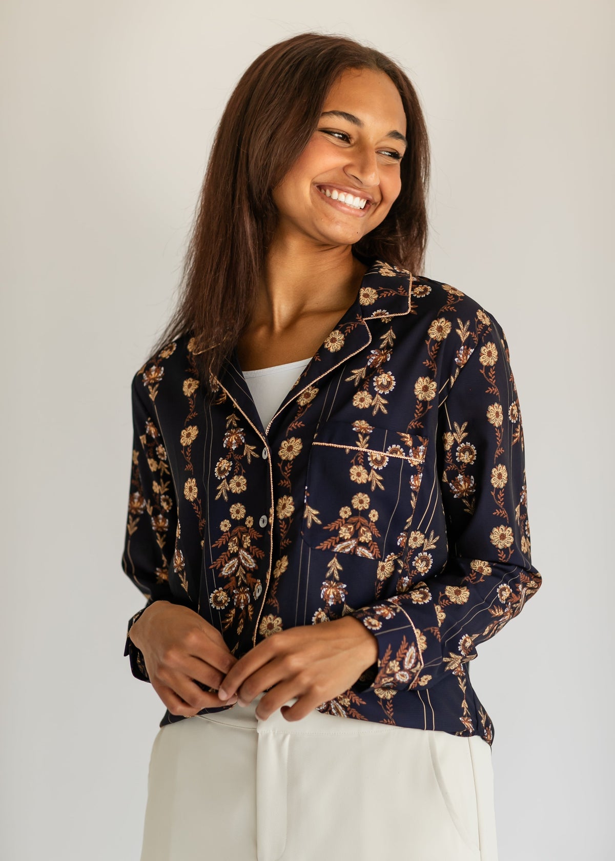 Long Sleeve Tapestry Print Button Up Top - FINAL SALE
