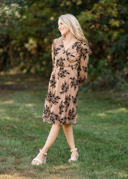 Long Sleeve Velvet Floral Print Midi Dress - FINAL SALE