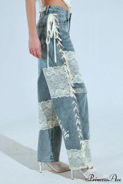 Low Waist Lace Panel Straight Stylish Jeans