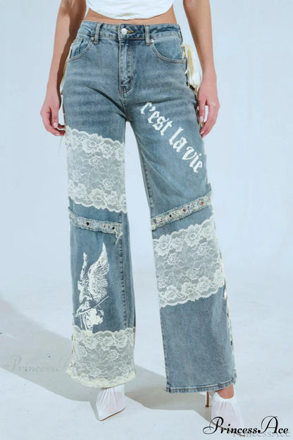 Low Waist Lace Panel Straight Stylish Jeans