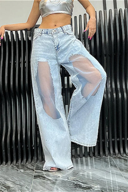 Low Waist Ripped Mesh Panel Wide Leg Jeans
