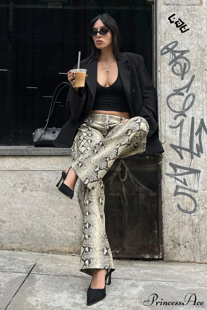 Low-Waist Snake Print Wide-Leg Jeans
