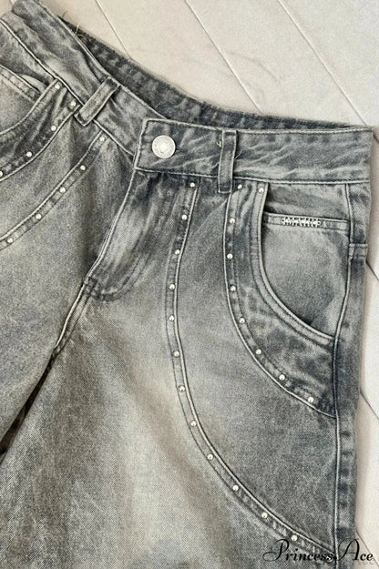Low Waisted Relaxed Rhinestone Straight Jeans