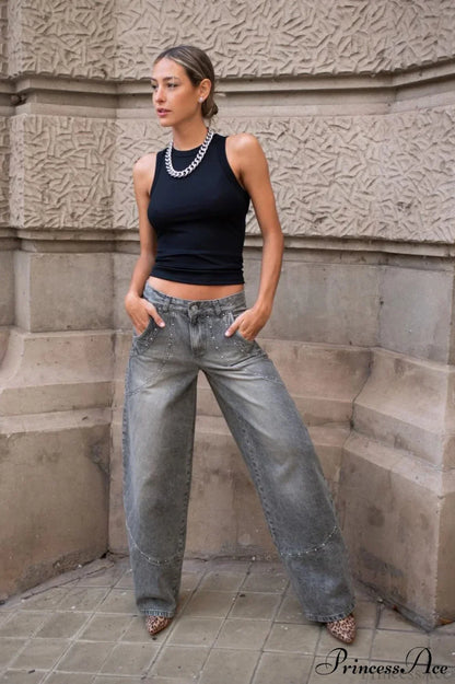 Low Waisted Relaxed Rhinestone Straight Jeans