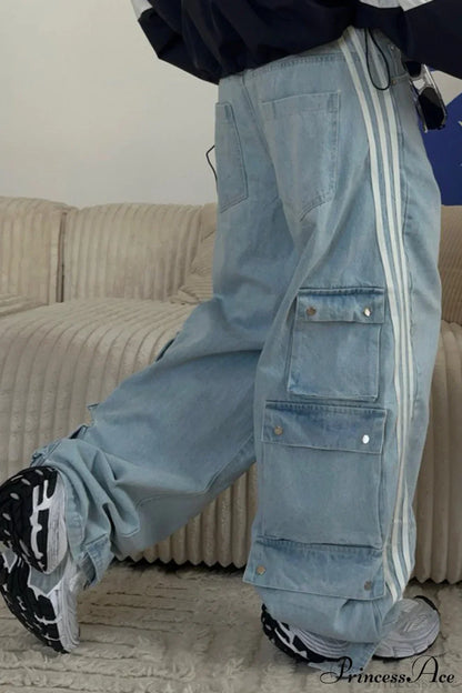 Low Waisted Striped Flowy Wide Leg Jeans
