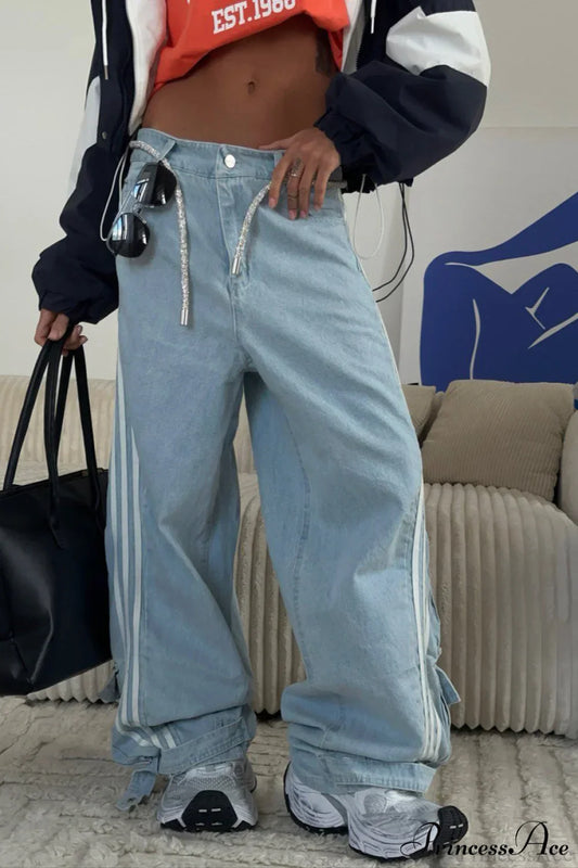 Low Waisted Striped Flowy Wide Leg Jeans