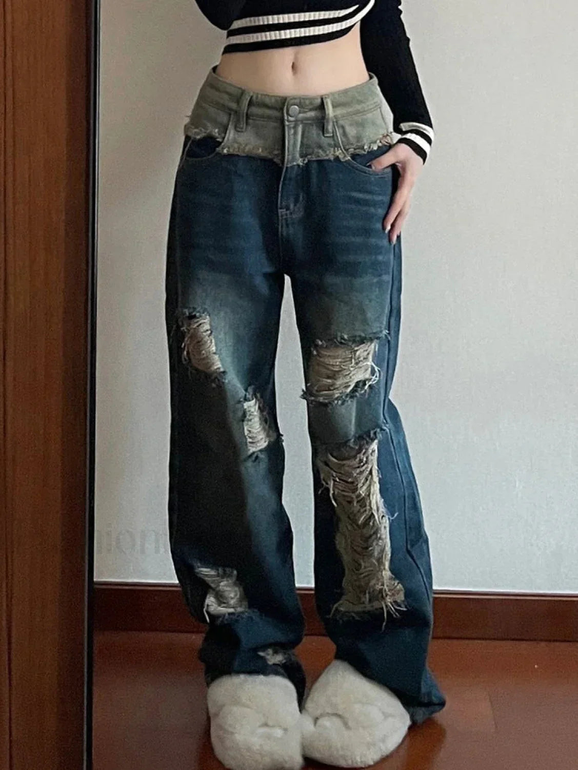 Patchwork Distressed Straight Trendy Leg Ripped Jeans