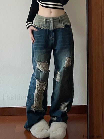 Patchwork Distressed Straight Trendy Leg Ripped Jeans