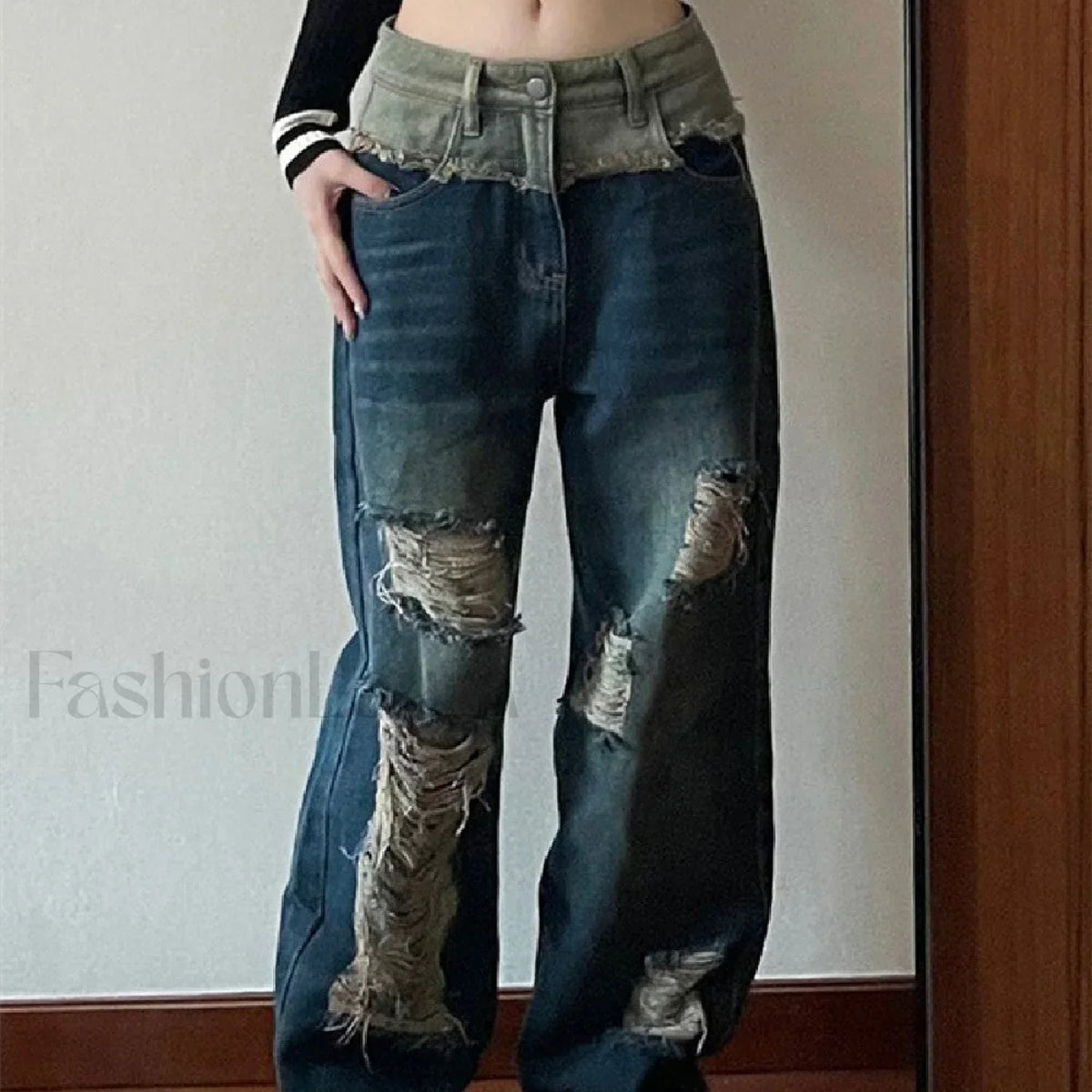 Patchwork Distressed Straight Trendy Leg Ripped Jeans