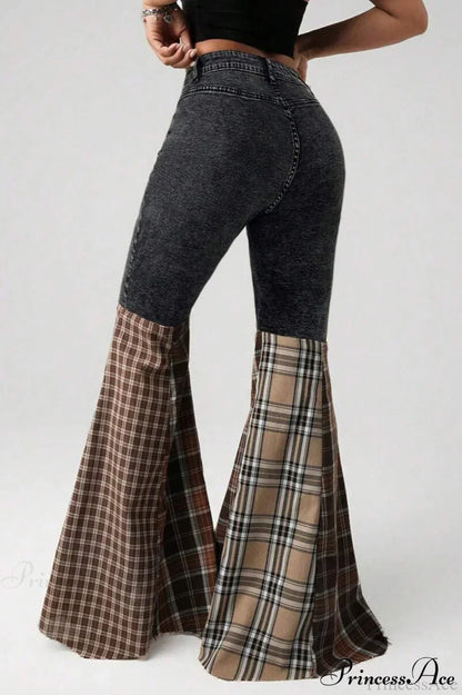 Plaid Patchwork Flared Denim High Waist Jeans