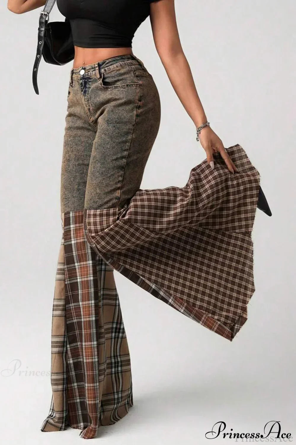 Plaid Patchwork Flared Denim High Waist Jeans