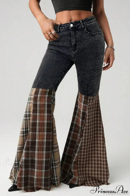Plaid Patchwork Flared Denim High Waist Jeans