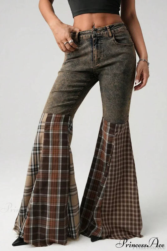 Plaid Patchwork Flared Denim High Waist Jeans