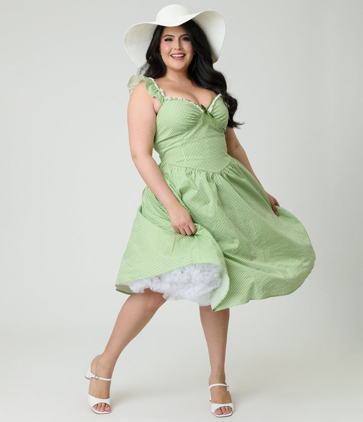 Unique Vintage Plus Size Green Gingham Sweetheart Flutter Sleeve Swing Dress