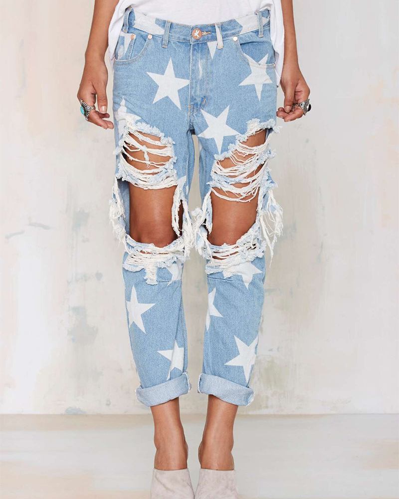Star Print Ripped Straight-Leg Trousers