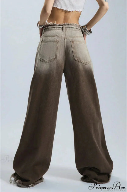 Retro Frayed Waist Ombre Straight Wide Leg Jeans