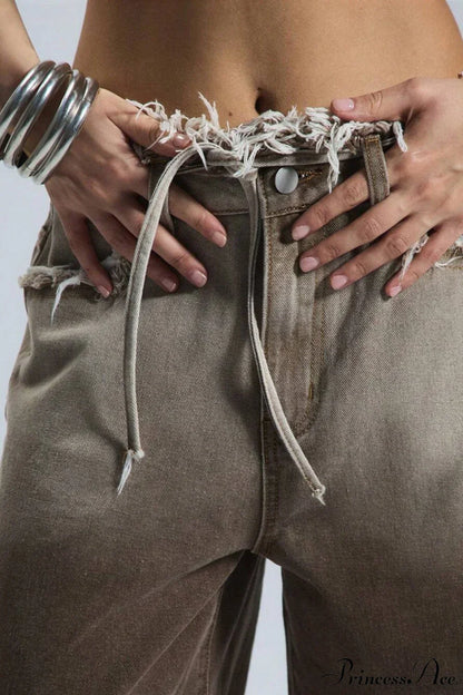 Retro Frayed Waist Ombre Straight Wide Leg Jeans