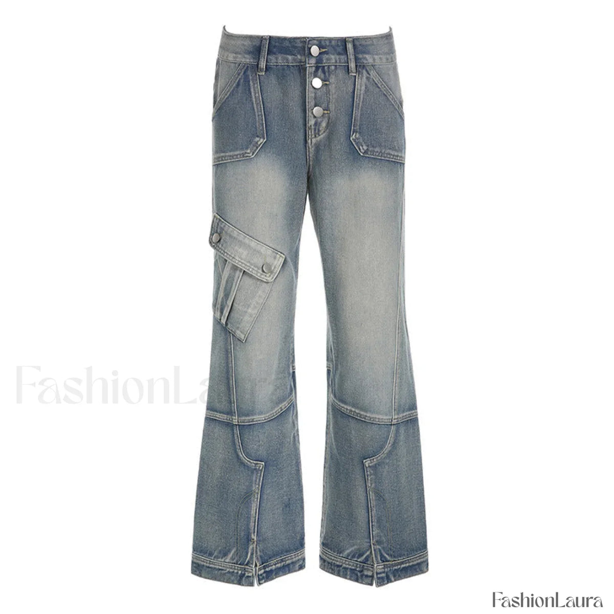 Seamed Pocket Straight Trendy Leg Cargo Jeans