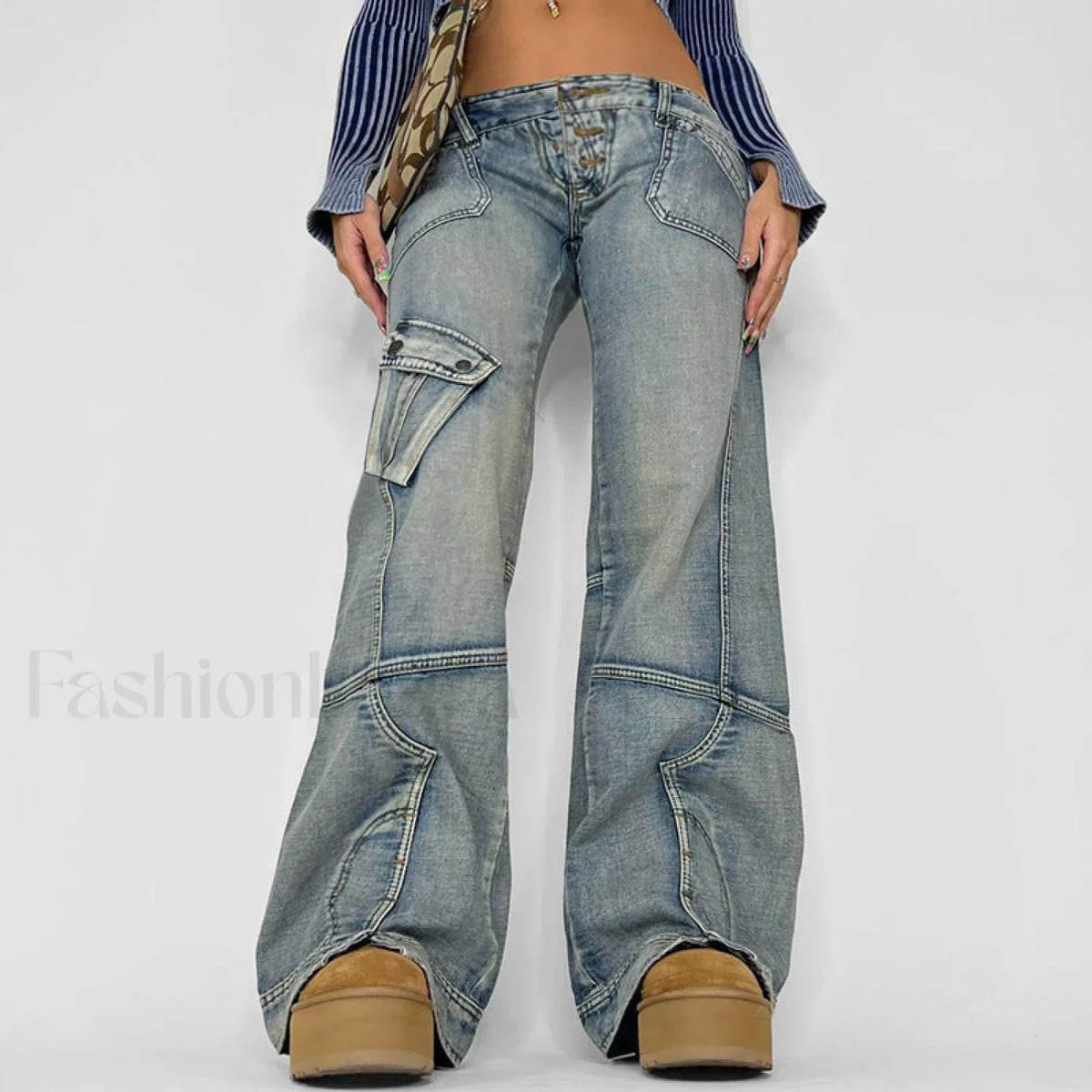 Seamed Pocket Straight Trendy Leg Cargo Jeans