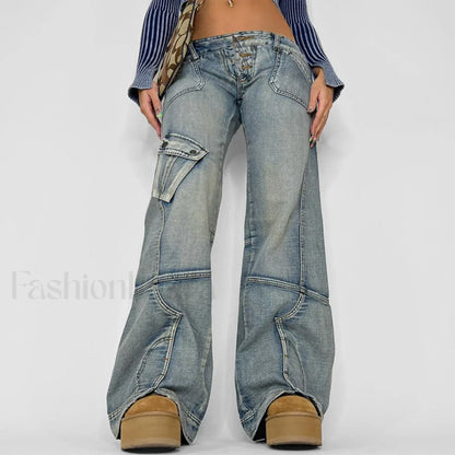 Seamed Pocket Straight Trendy Leg Cargo Jeans