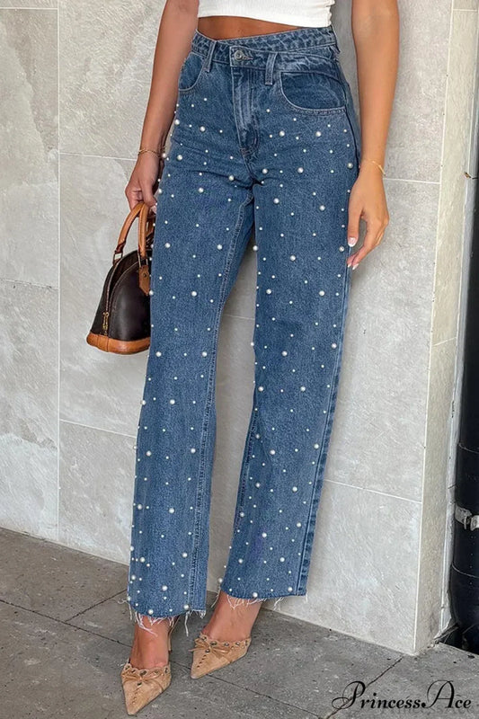Slanted Waist Crisscross Beaded Frayed Straight Leg Jeans