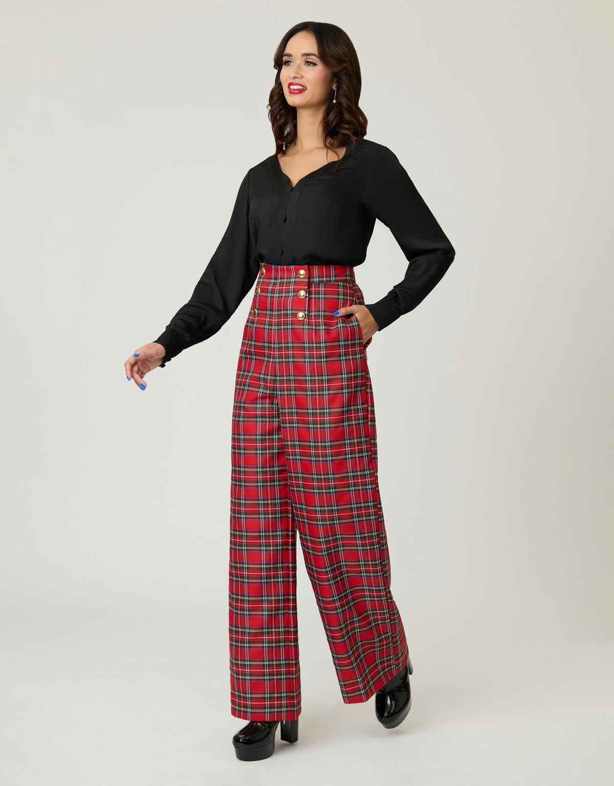 Smak Parlour Red Plaid Wide Leg Sailor Pants