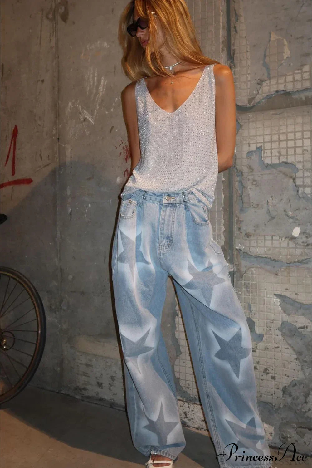 Star Print Loose Straight Waist Adjuster Jeans