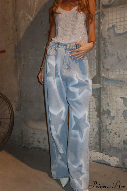 Star Print Loose Straight Waist Adjuster Jeans