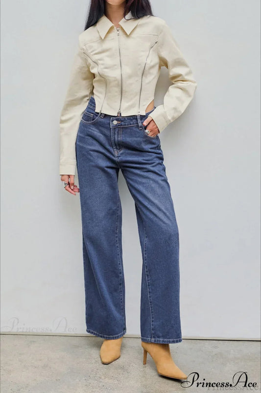 Straight Relaxed Asymmetrical Button Jeans