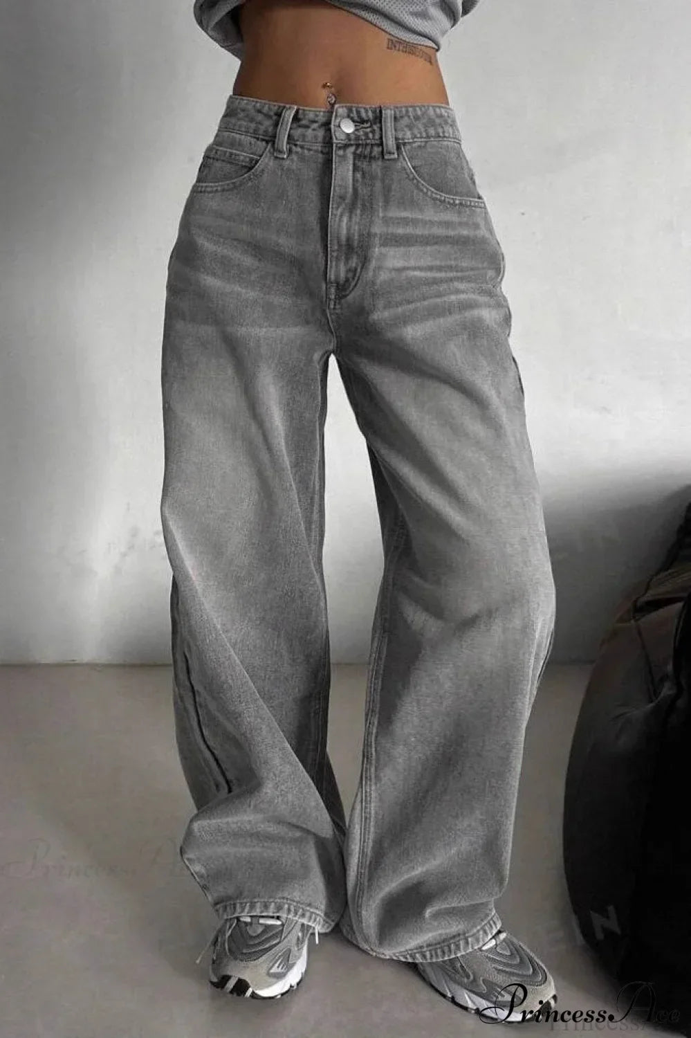 Street Vintage Smoky Gray Washed Wide Leg Jeans