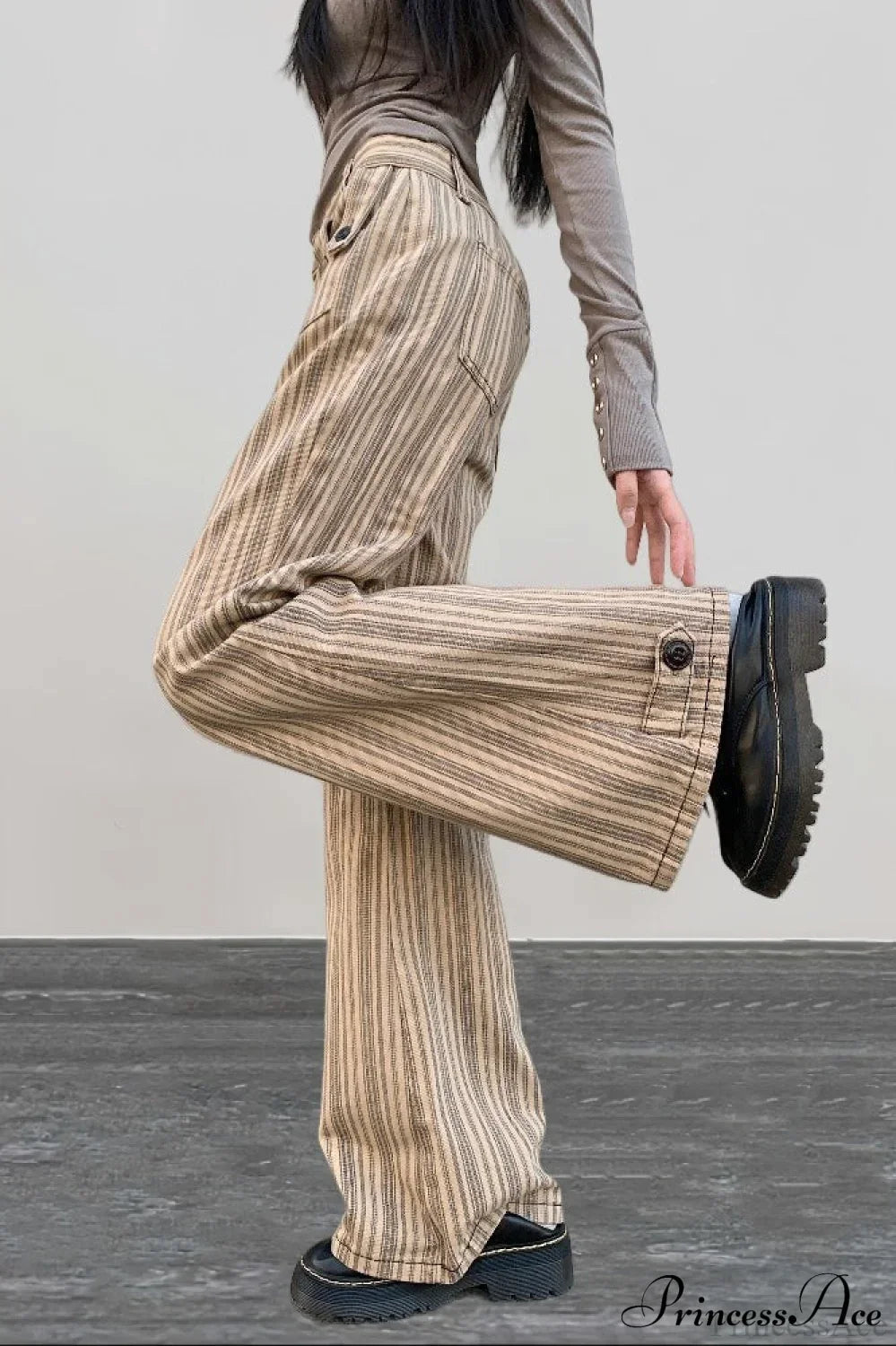 Striped Khaki Low Waist Slim Flared Jeans