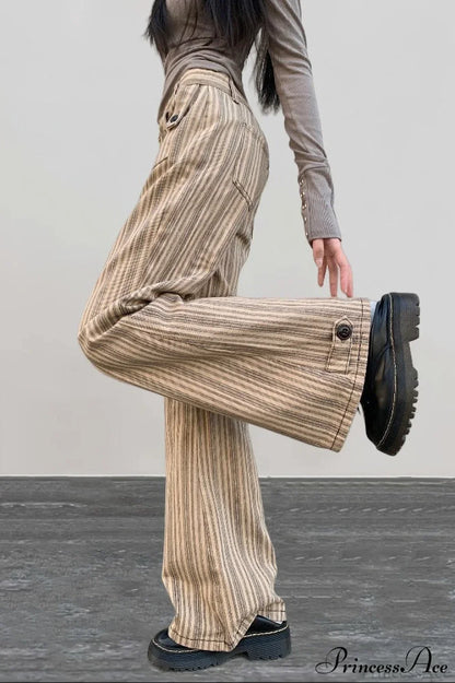 Striped Khaki Low Waist Slim Flared Jeans