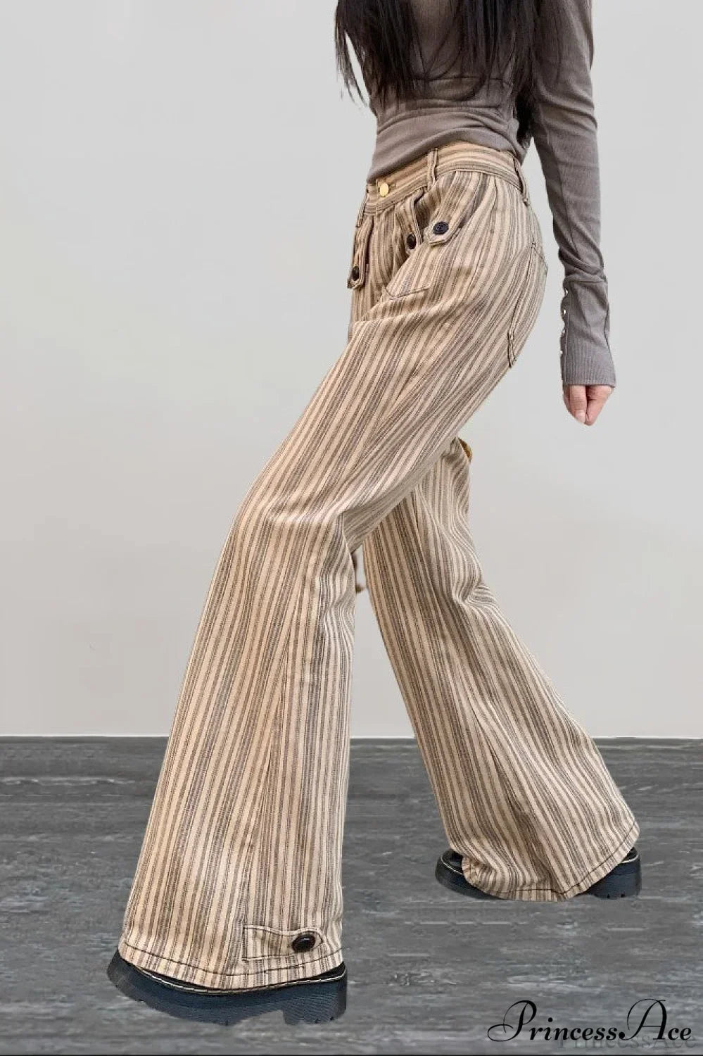 Striped Khaki Low Waist Slim Flared Jeans
