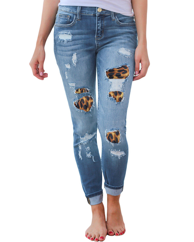 Leopard Print Ripped Patch Stretch Jeans