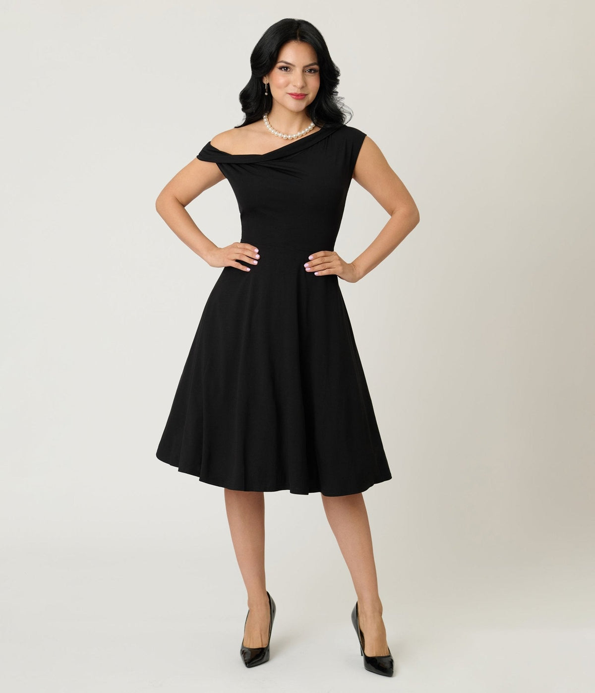 Unique Vintage Black Asymmetrical Neck Swing Dress