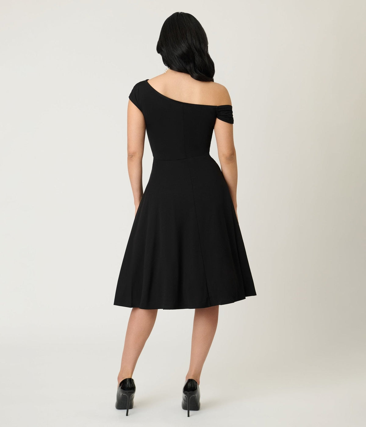 Unique Vintage Black Asymmetrical Neck Swing Dress