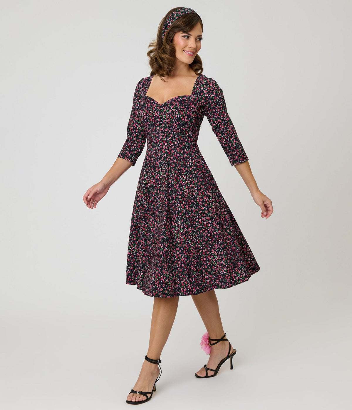 Unique Vintage Black Ditzy Rose Pleated Bust Swing Dress